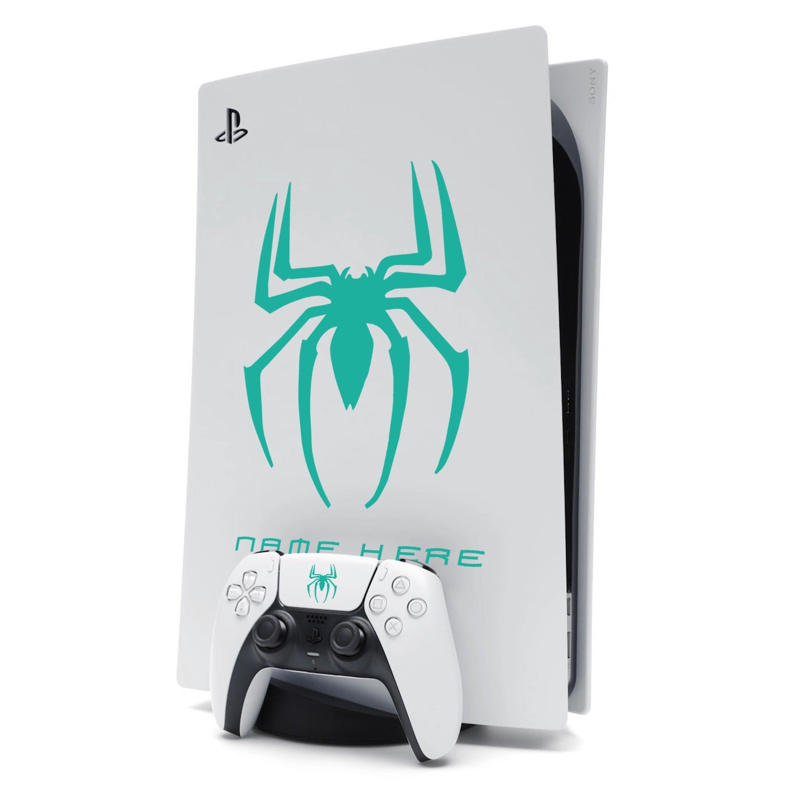 Custom Name Spider-Man Sticker Decal for PlayStation 5 PS5 Console - Turqoise